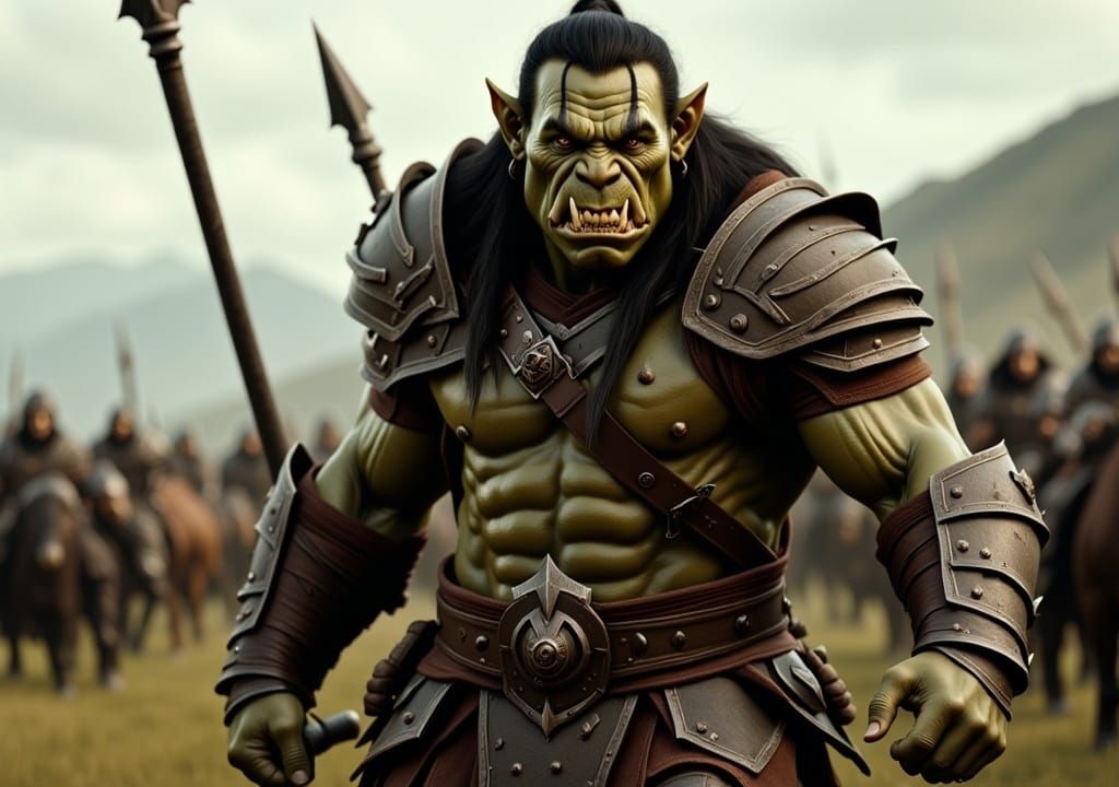 Orc from Lord of The Ring on the battlefield. Greenish brown skin. Ugly. Deformed.  Action scene. <lora:Flux orcs:1.0> 