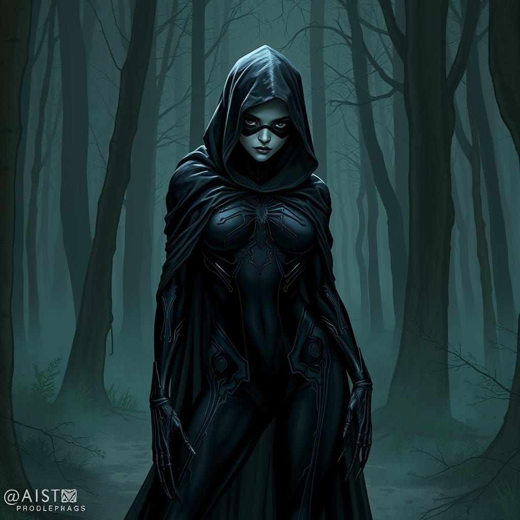 Mysterious Spider Woman in Dark Forest, Digital Art