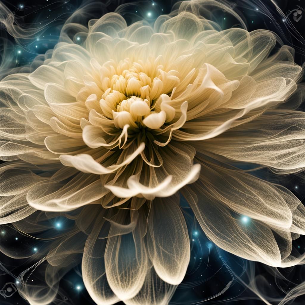 delicate pale blue, translucent, fluffy flower in space