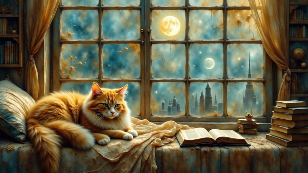 “A whimsical dreamscape uniting four sleeping cats in a single enchanted bedroom window view: foreground fluffy tabby napping cozily in a wa...