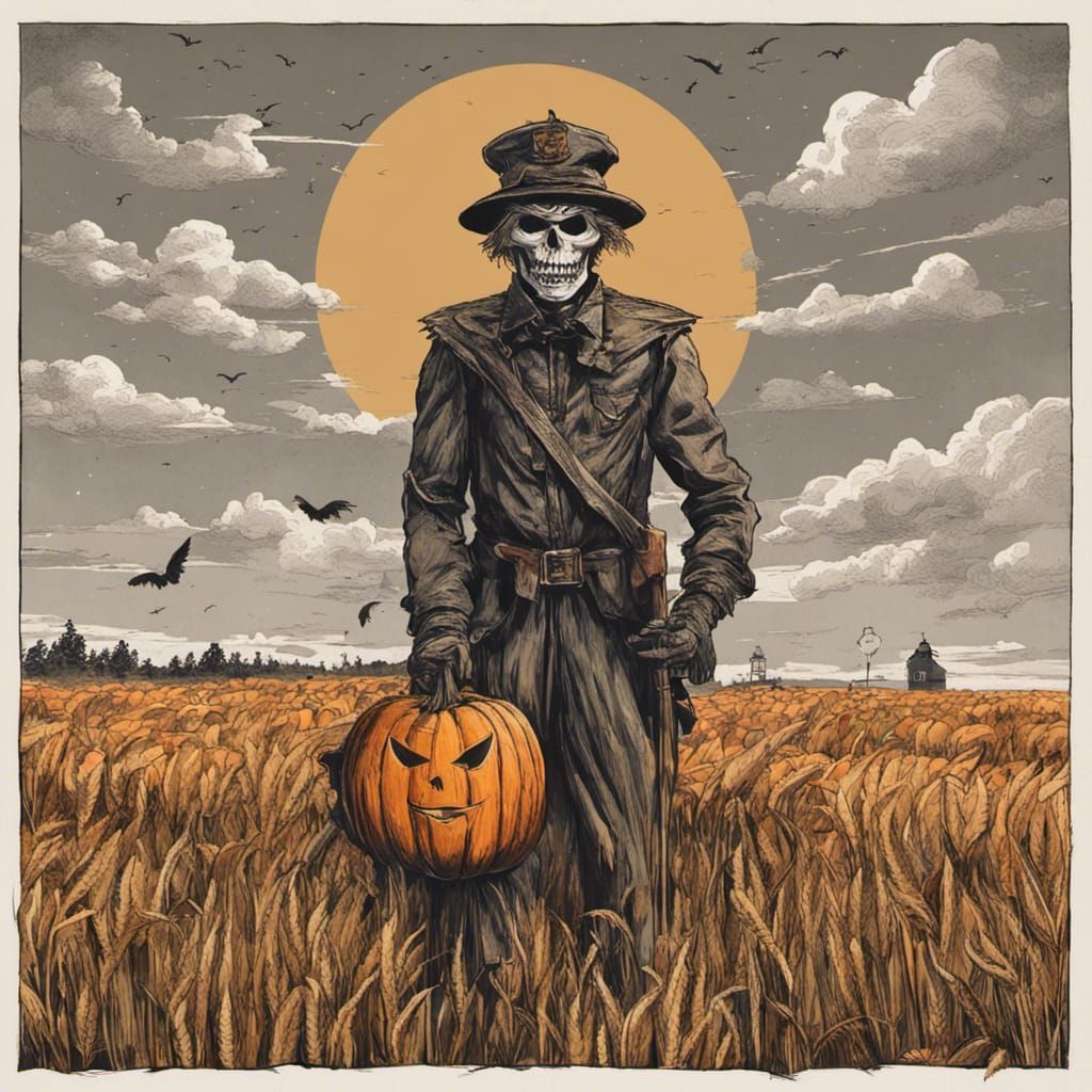 On the edge of a wheat field stands an infernal scarecrow wi...