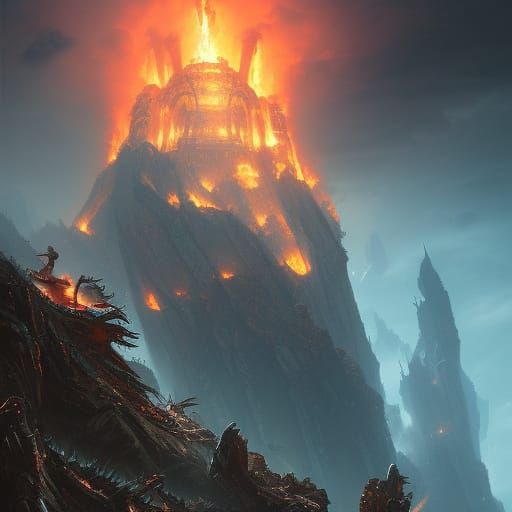 Alien Monster Fighting People on a Cliff Edge with a Burning...