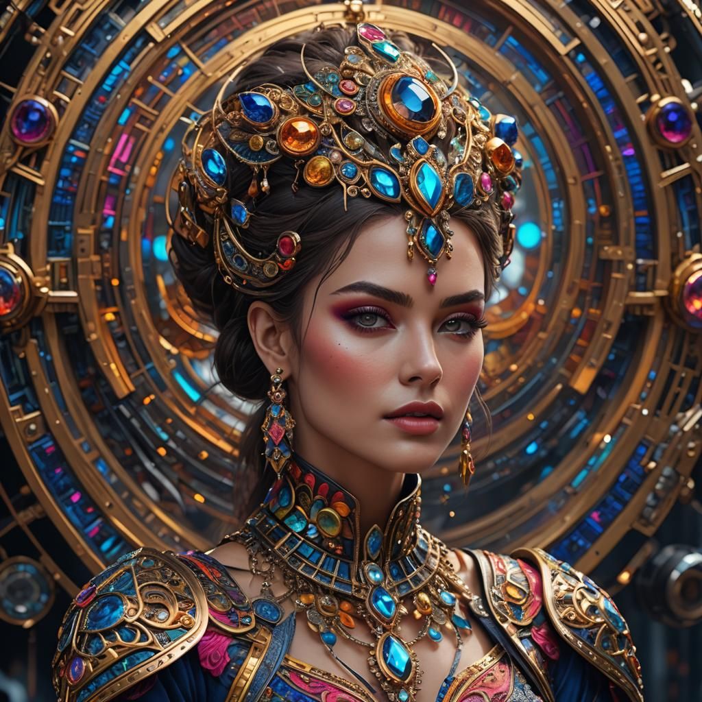 Hyperrealistic portrait of a beautiful woman wearing intrica...