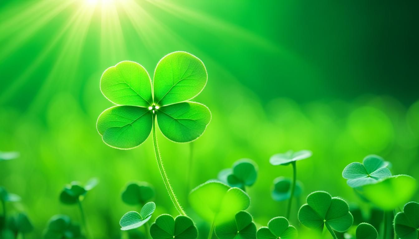 Four-leaf clower, surrounded by green haze, sun piercing thr...