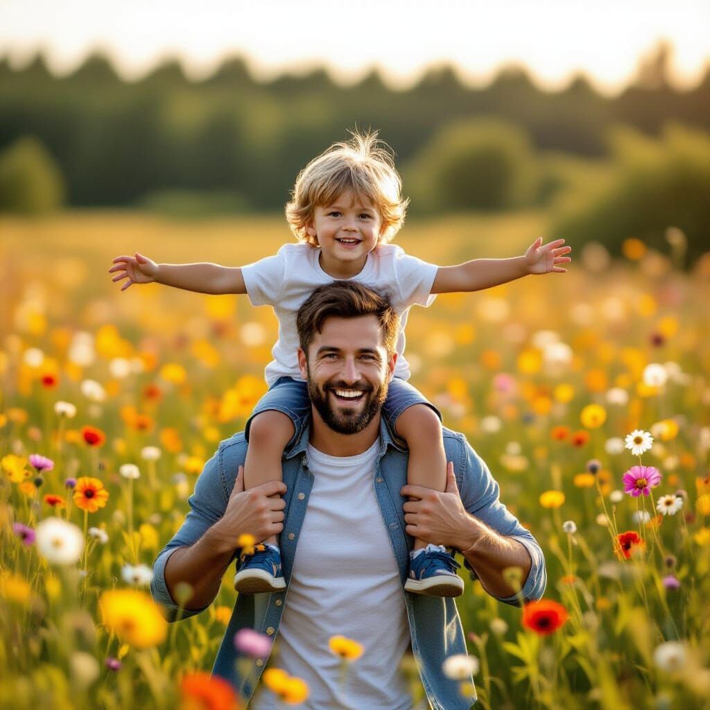 A father with his kid on his shoulders as they run through a field of flowers  by @DRIPPY Bi 4 LIFE