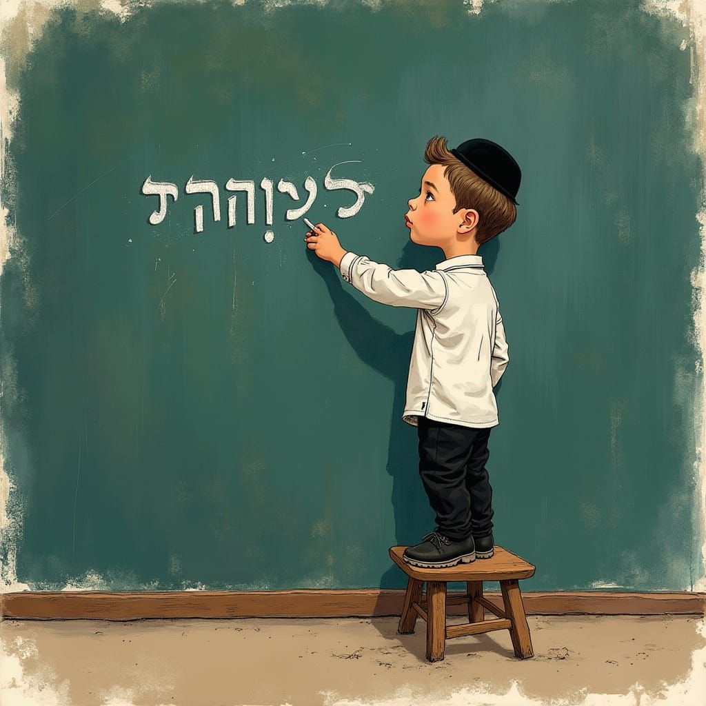 Orthodox Jewish Boy Scribbles Name in Traditional Israeli Fo...