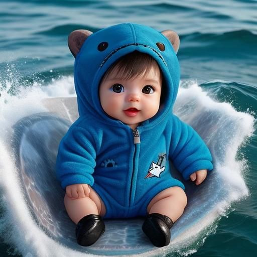 a cute Baby Otter 🦦 wearing a shark onesie, kawaii,ultra re...