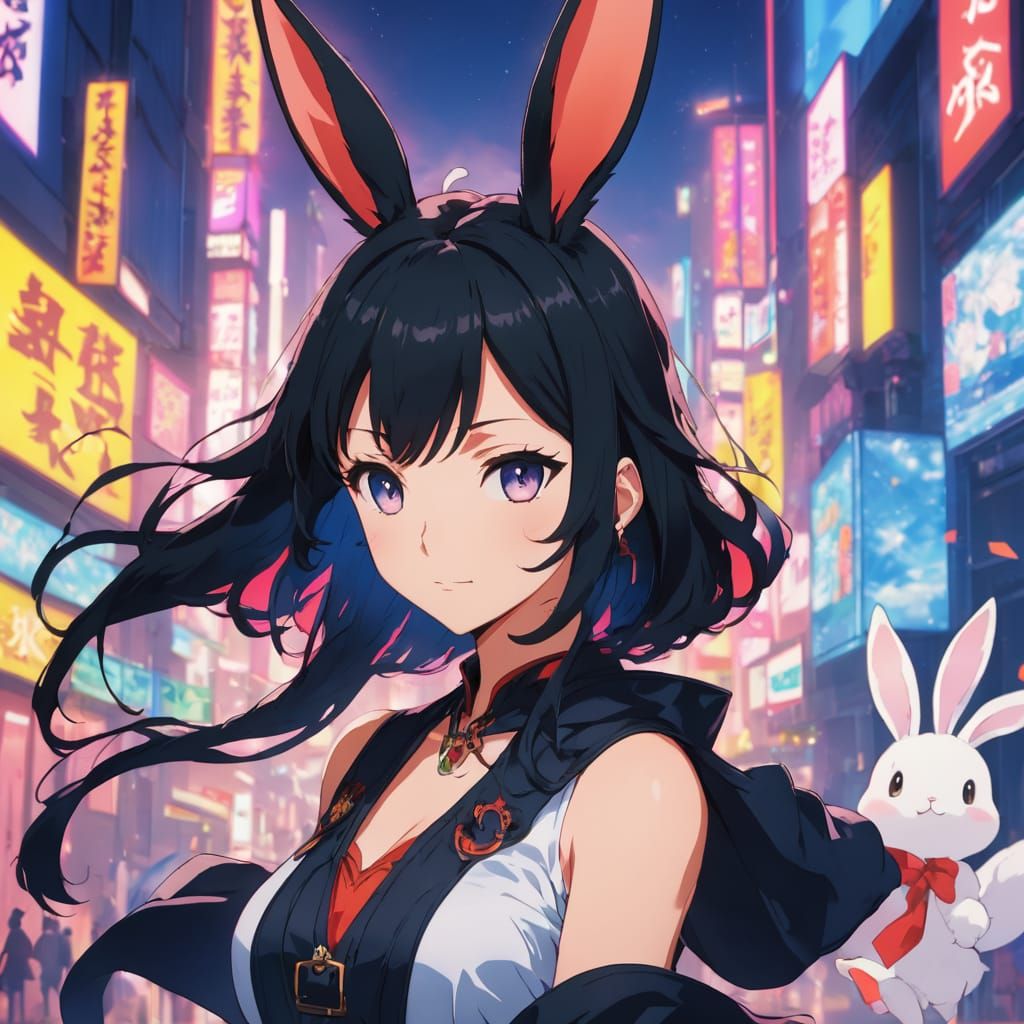 Moon in the city with her rabbit