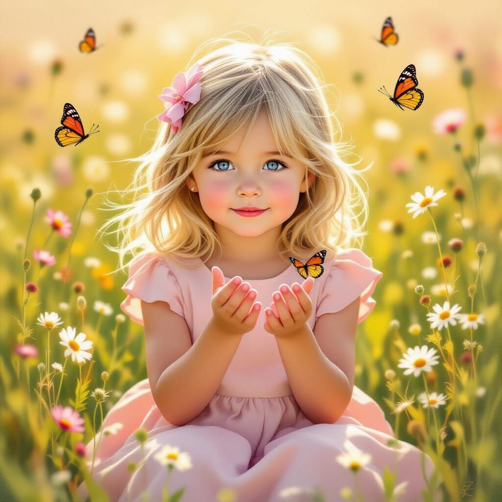 Cute Blonde Girl Playing in Wildflower Meadow Impressionisti...