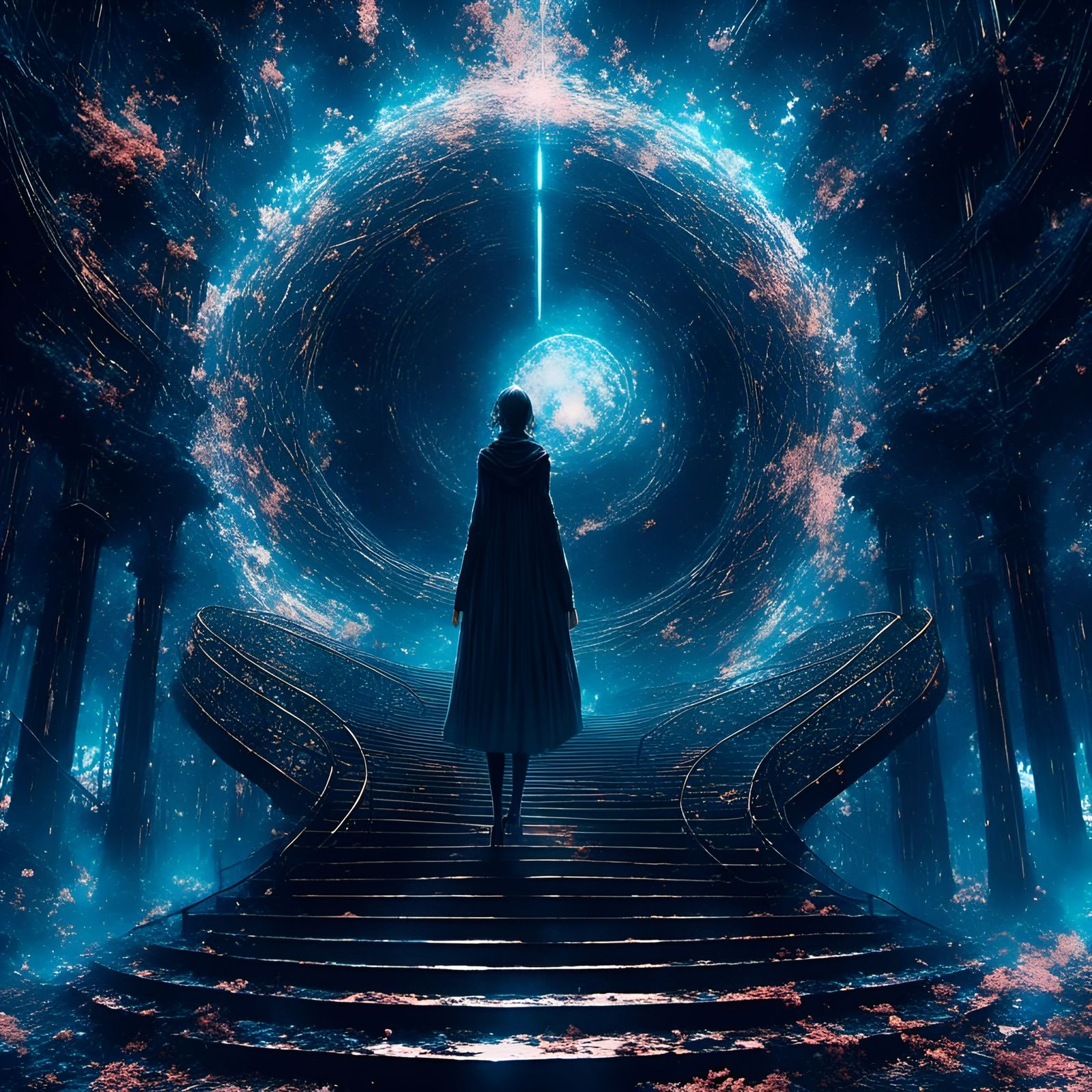 <lora:impact:1.0> <lora:PlusUltraAnime:1.0> <lora:UltraAnime:1.0> extremely-confident-gaze-translucent-ghost | infinite stair vortex portal...