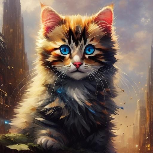 An adorable thick furred calico kitten with blue eyes, Thomas Kinkade , sharp focus, by Marc Simonetti & Yoji Shinkawa & WLOP , sharp focus,...