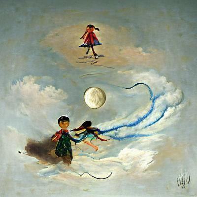 boy with a girl flying over the moon