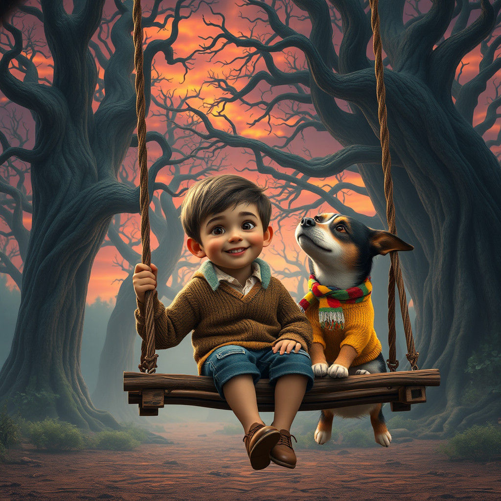 Boy and Dog in Eerie Landscape, Fantasy Art