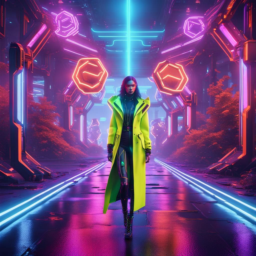 futuristic  neon  fashion with metal