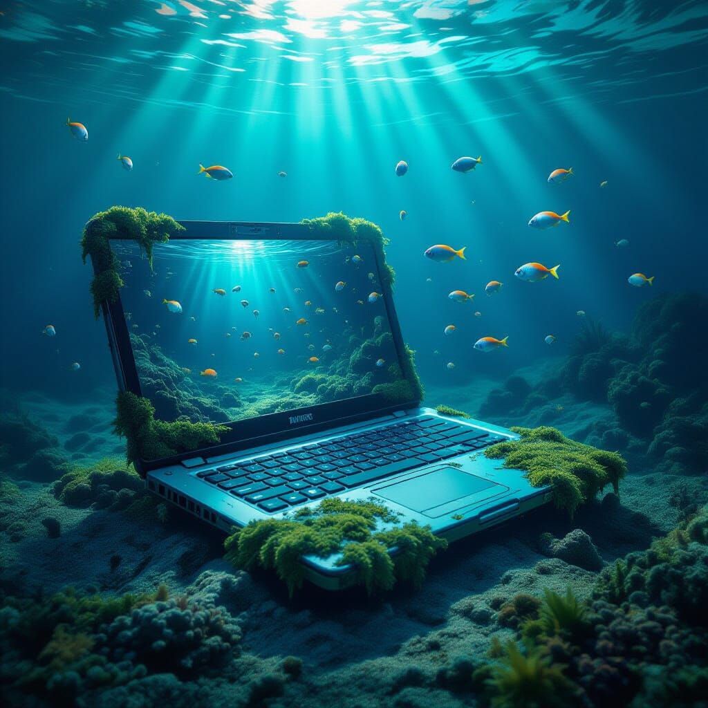 Enchanted Laptop Submerged in Deep Sea, Hyperrealistic