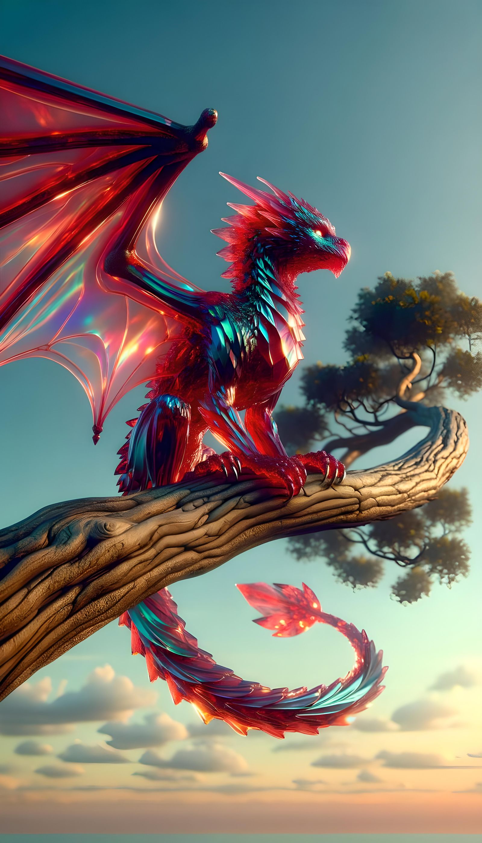 An iridescent red crystalline Wyvern sitting on a branch