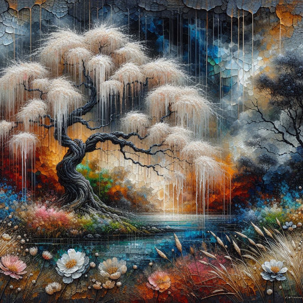 Beautiful Weeping Japanese Maple in a stormy setting   by @Marshas Creative AI Designs