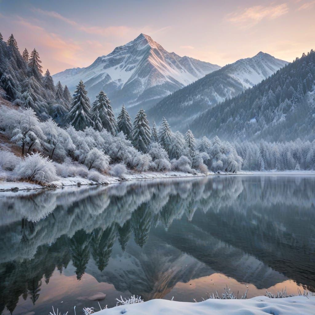 Snowy Winter Landscape with Misty Mountains