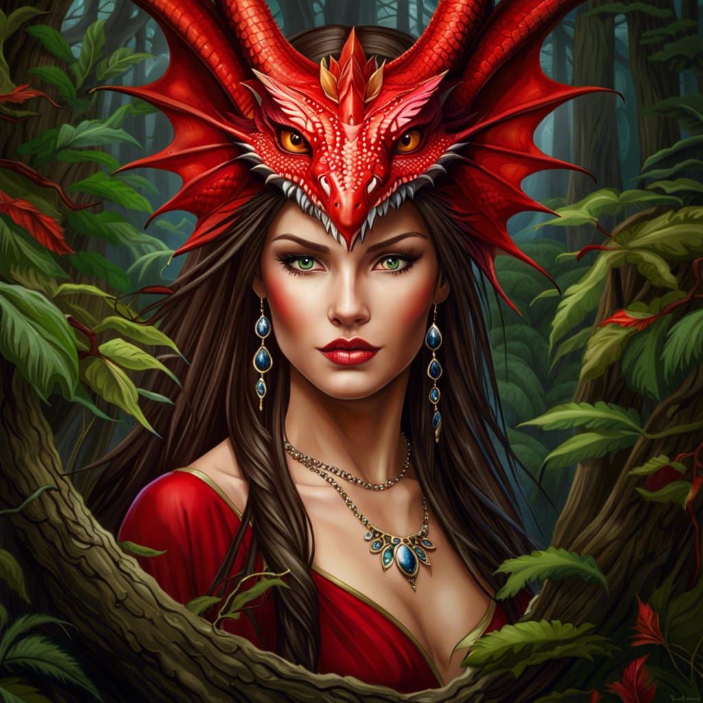 A beautiful eleven lady ,Gorgeous red dragon piercing eyes , in a ...