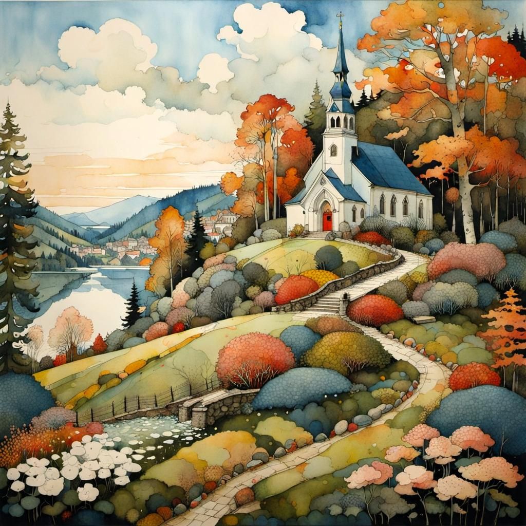 By Paul Lovering and Mattias Adolfsson || A beautiful lakeside church on a hill, colorful, intricate, ...  by @Just Me