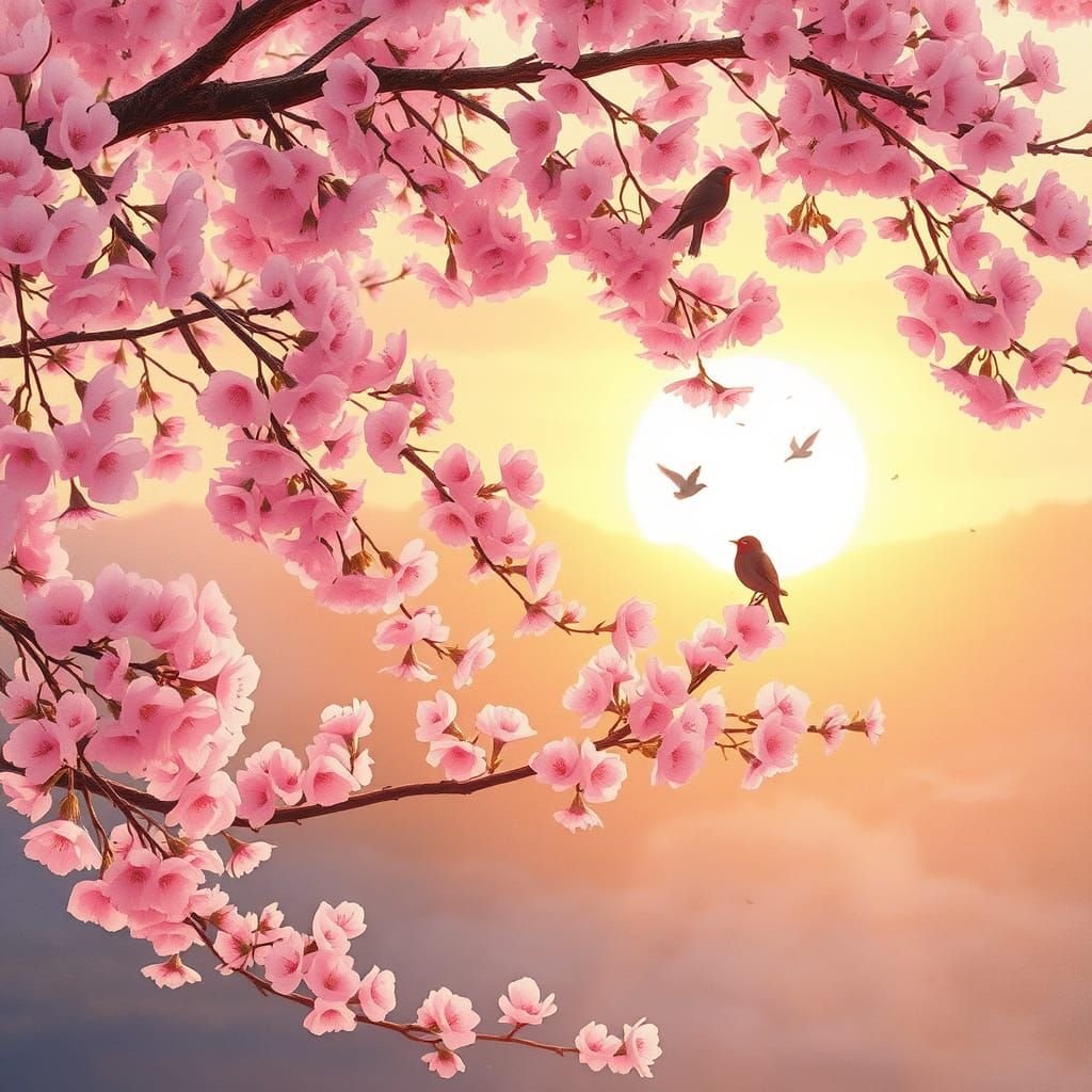 Cherryblossom - Soft Pink Cherry Blossoms in Whimsical Water...