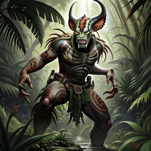 a tattooed albino (Yautja:1.0) Predator in a steamy jungle w...