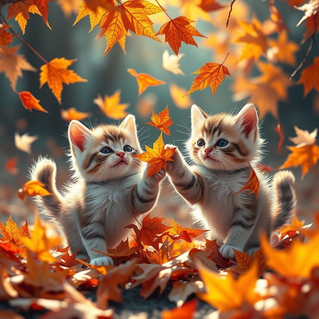 Cute kittens playfully chasing and batting at vibrant, swirling autumn leaves. The scene is rendered ...  by @coupdevent
