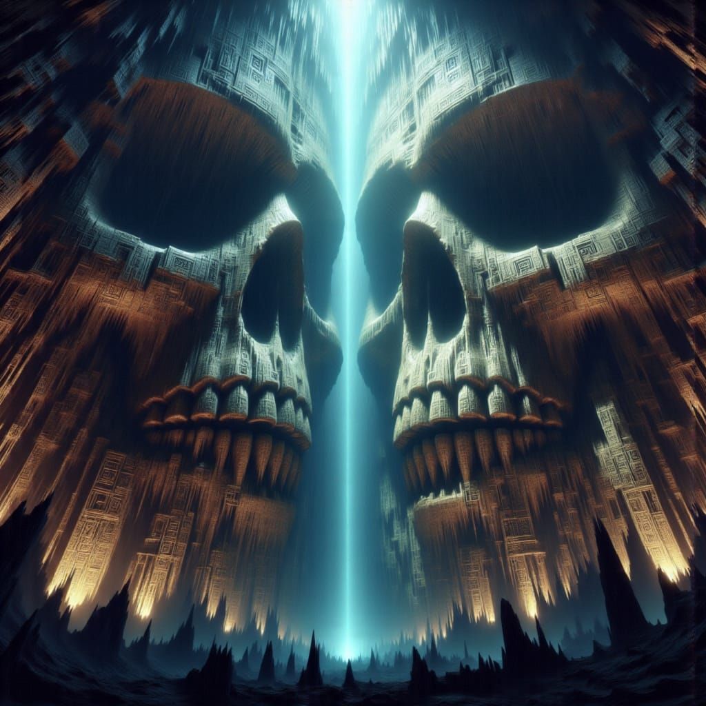 Spanning the width is a logo with the text: "Monolithic Skulls", done in UHDR textures with dynamic volumetric lighting, surreal shadows. <l...