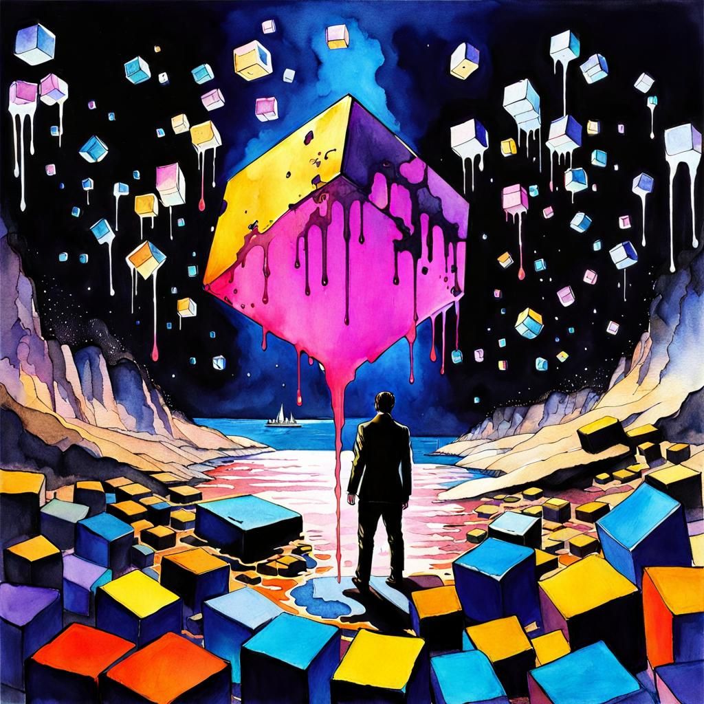 Drip ink watercolor black light color lone standing human wa...