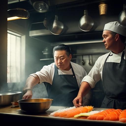 Cinematic Sushi Chefs in a Bustling Kitchen
