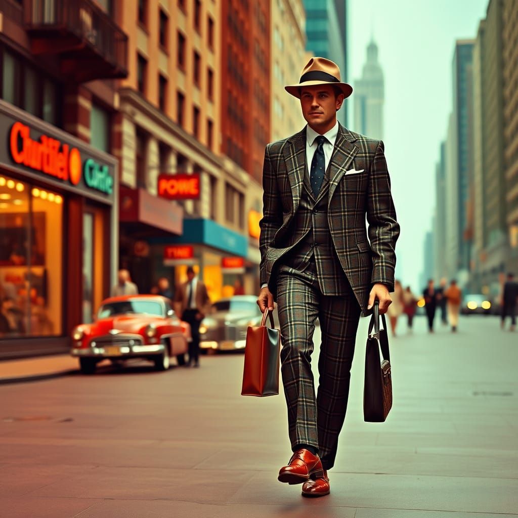 : A man in a plaid sport coat and shiny shoes, confidently striding down a bustling city street in the ...  by @Dave Crosby