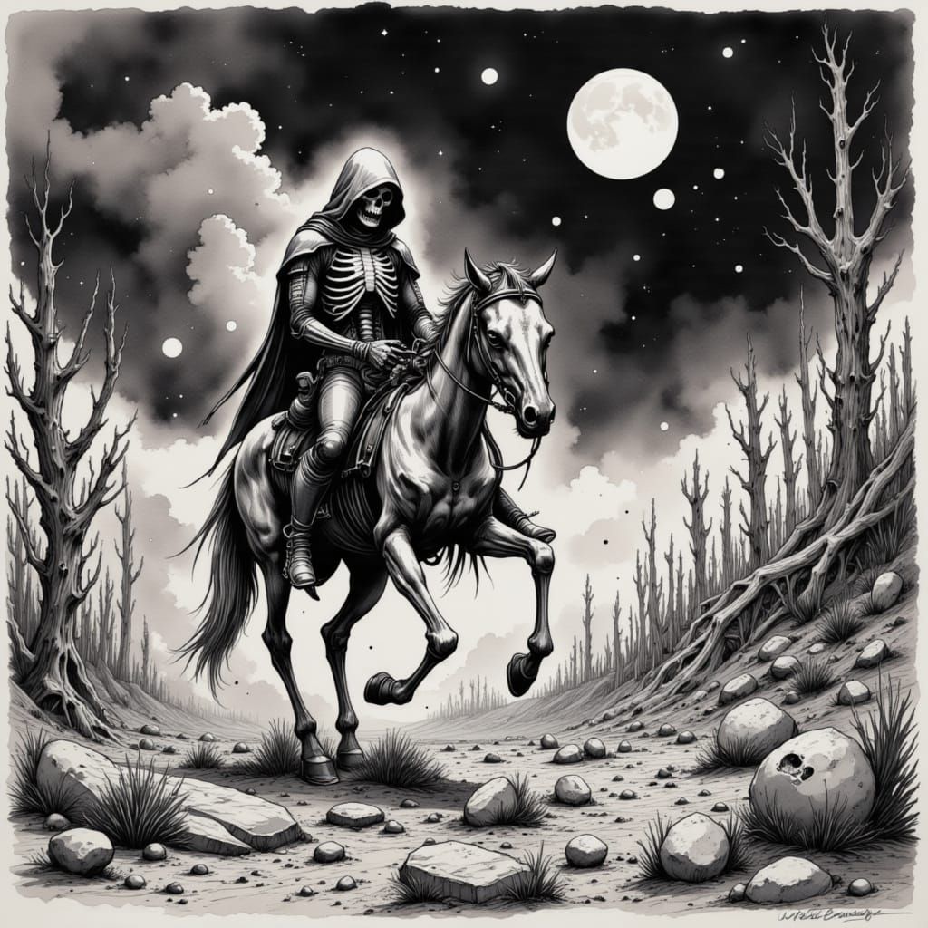 Skeletor, astride a skeletal horse, rides through a desolate, decaying landscape under a sky dominated by a colossal, cosmic entity. Moonlig...