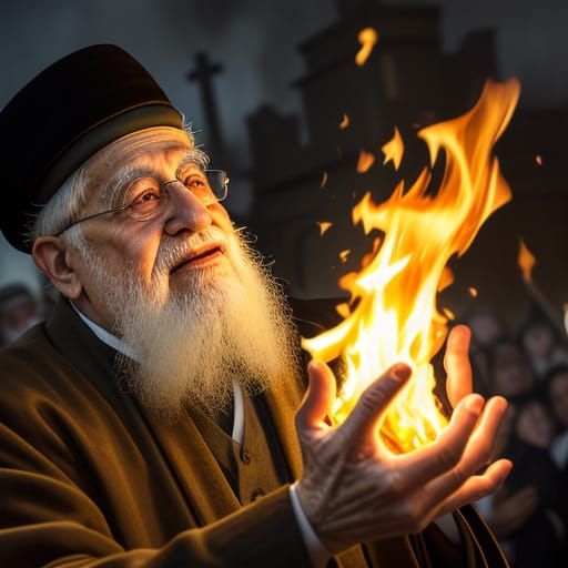 Traditional Jewish Rabbi Lights Lag BaOmer Bonfire in Vibran...