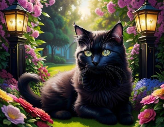 Fluffy Cat in Blooming Garden: Vibrant Oil Painting