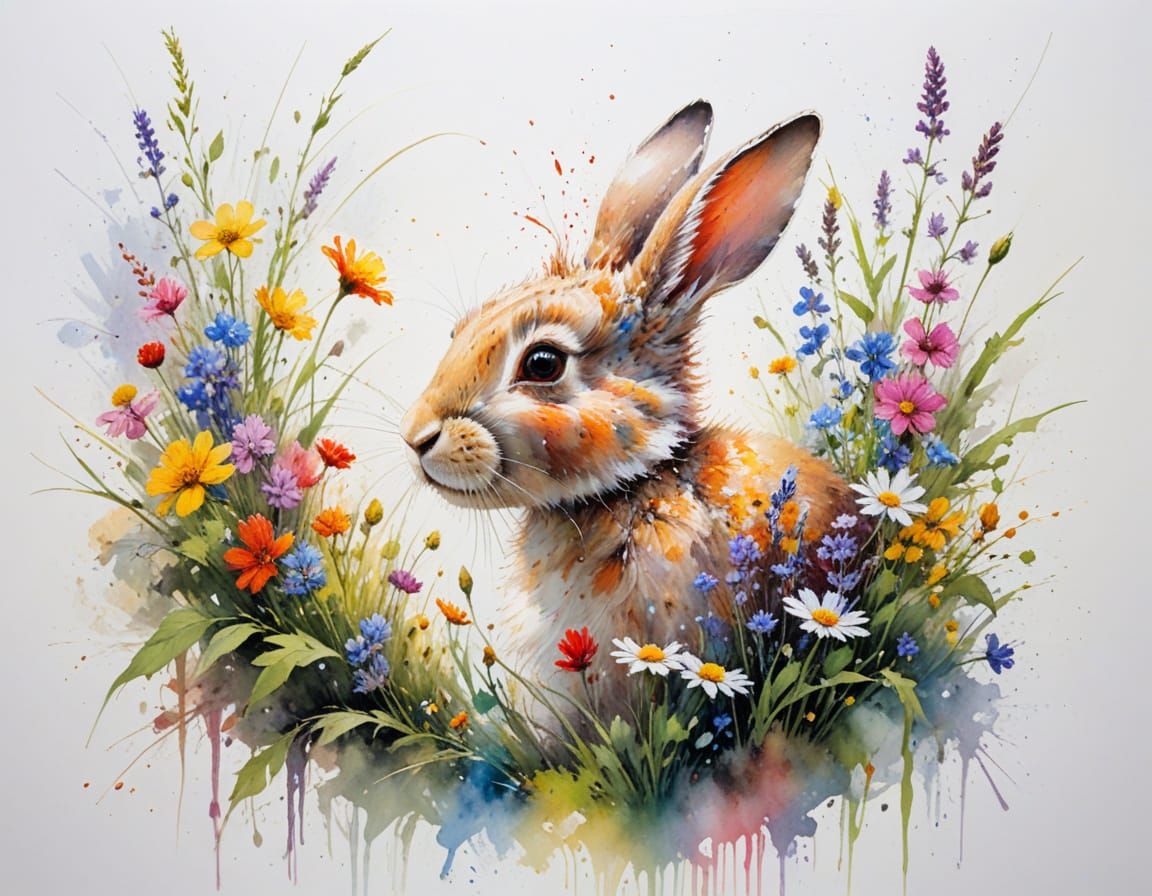 Playful Rabbit in a Sunlit River Garden: In a vibrant garden where flowers weave between clusters of ...  by @Kosh