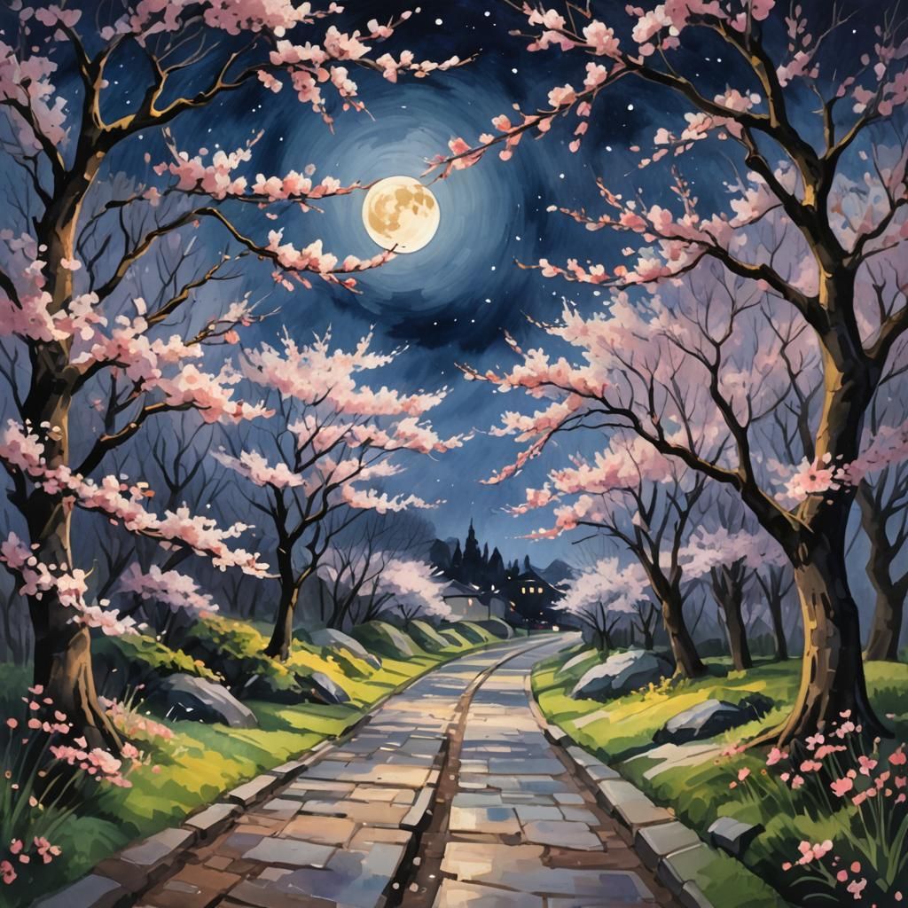 Cherry Blossoms in the night on a full moon, in a pathway