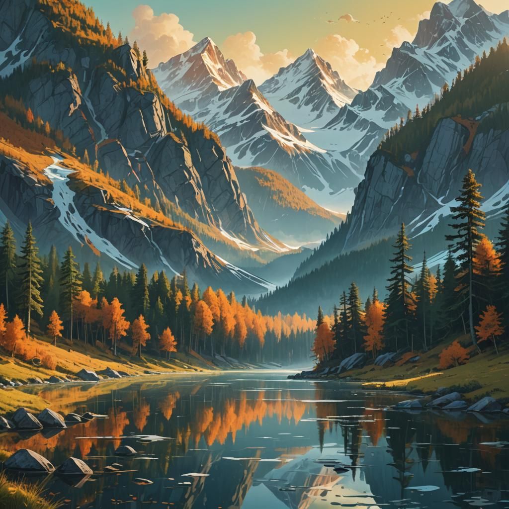 Fantasy Landscape: Serene Lake Between Mountains and Forests