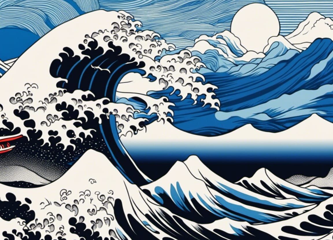 Monochrome Ukiyo-e background with extreme bright blue waves in