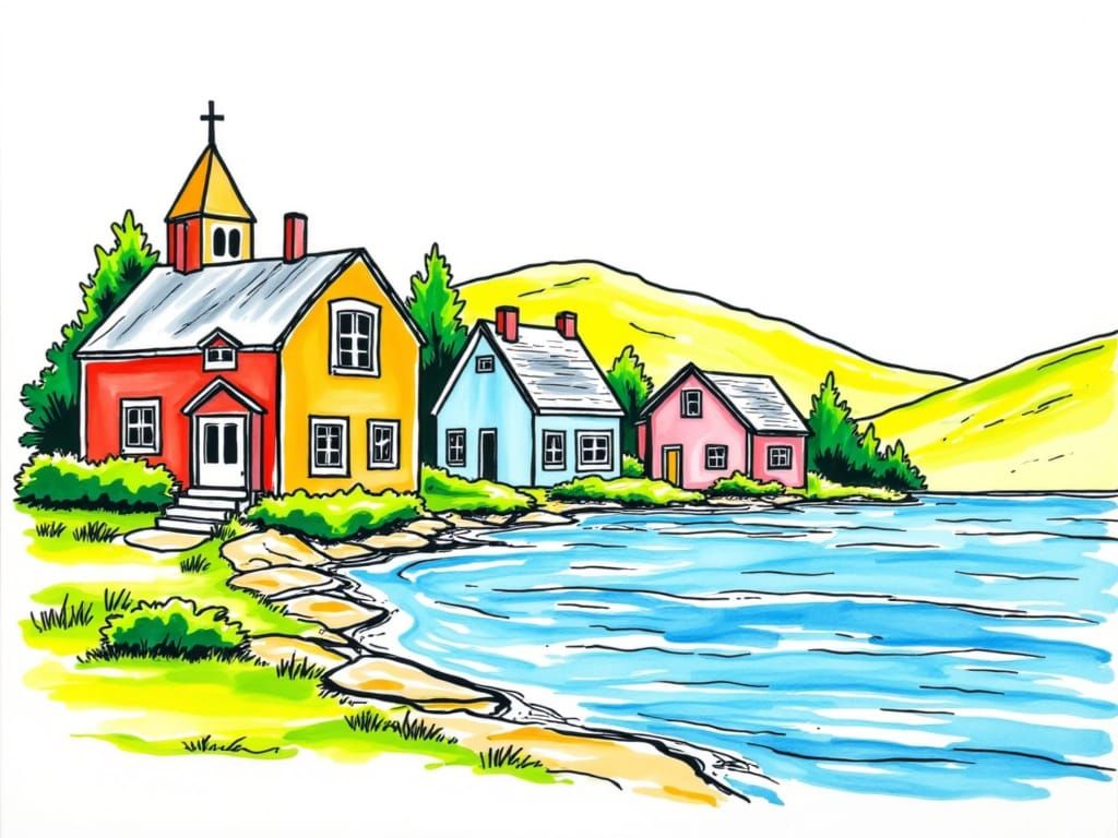 a cozy village by the lake, colorful, line drawing, abstract minimalism <lora:Abstract minimalism:1.0> 