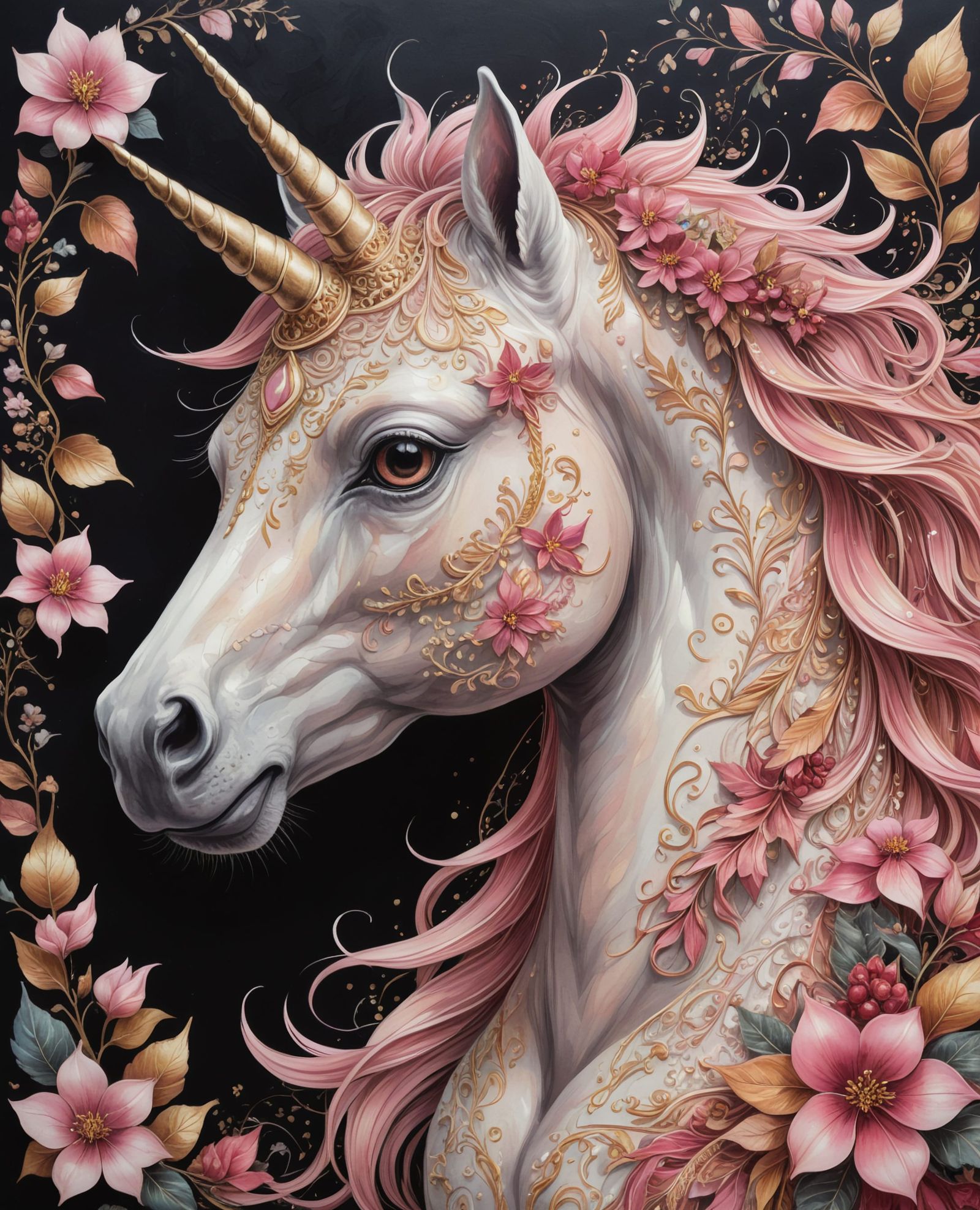 Zentangle : White Unicorn with pink accents