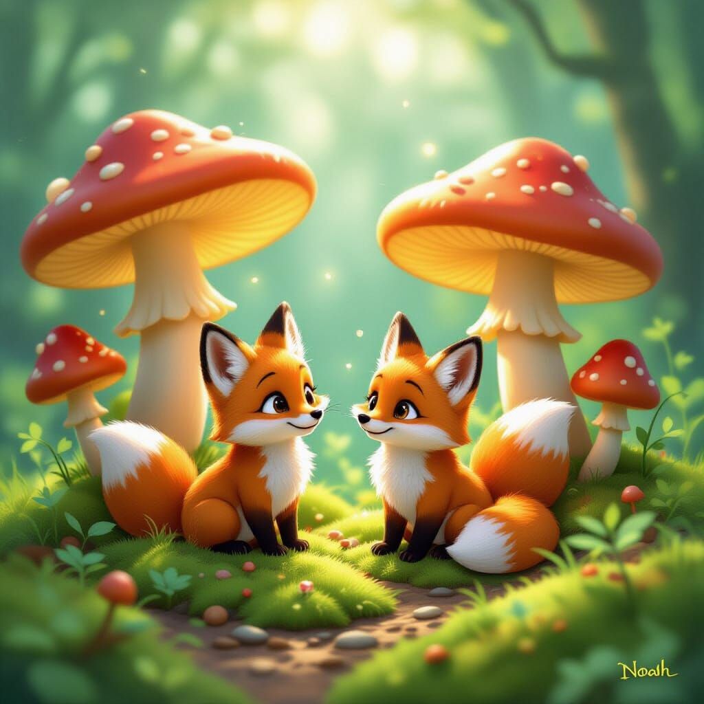 Foxes Playing Amongst Glowing Mushrooms, Disney Concept Art