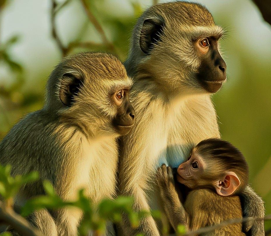 Vervet Mother with Baby and Older Daughter