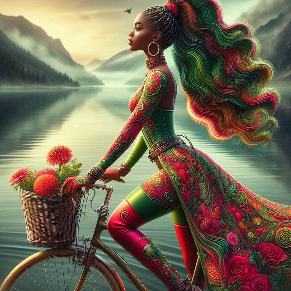 Riding bicycle near lake.