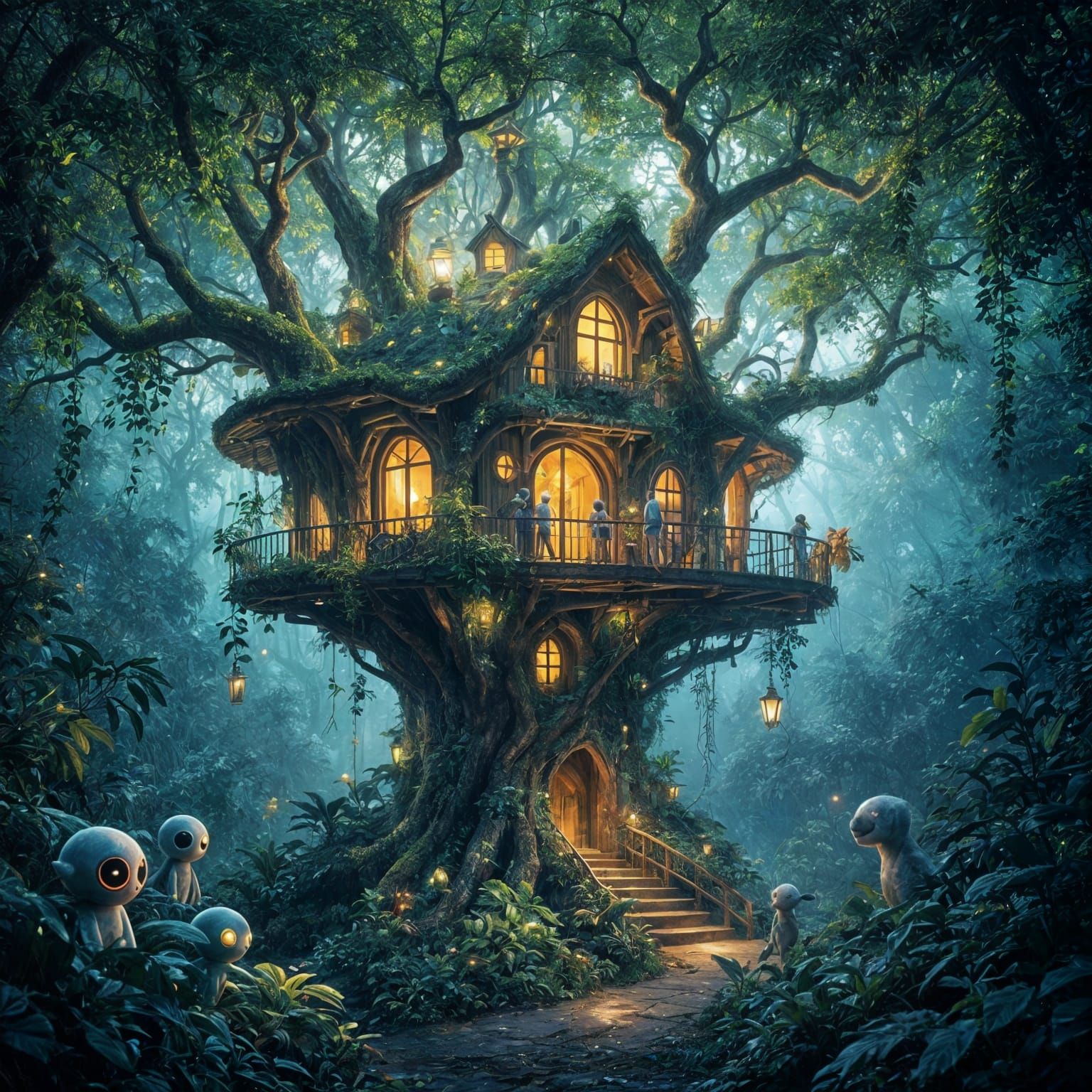 A majestic bioluminescent treehouse nestled deep within an alien jungle, its organic architecture interwoven with glowing flora. Strange, ge...