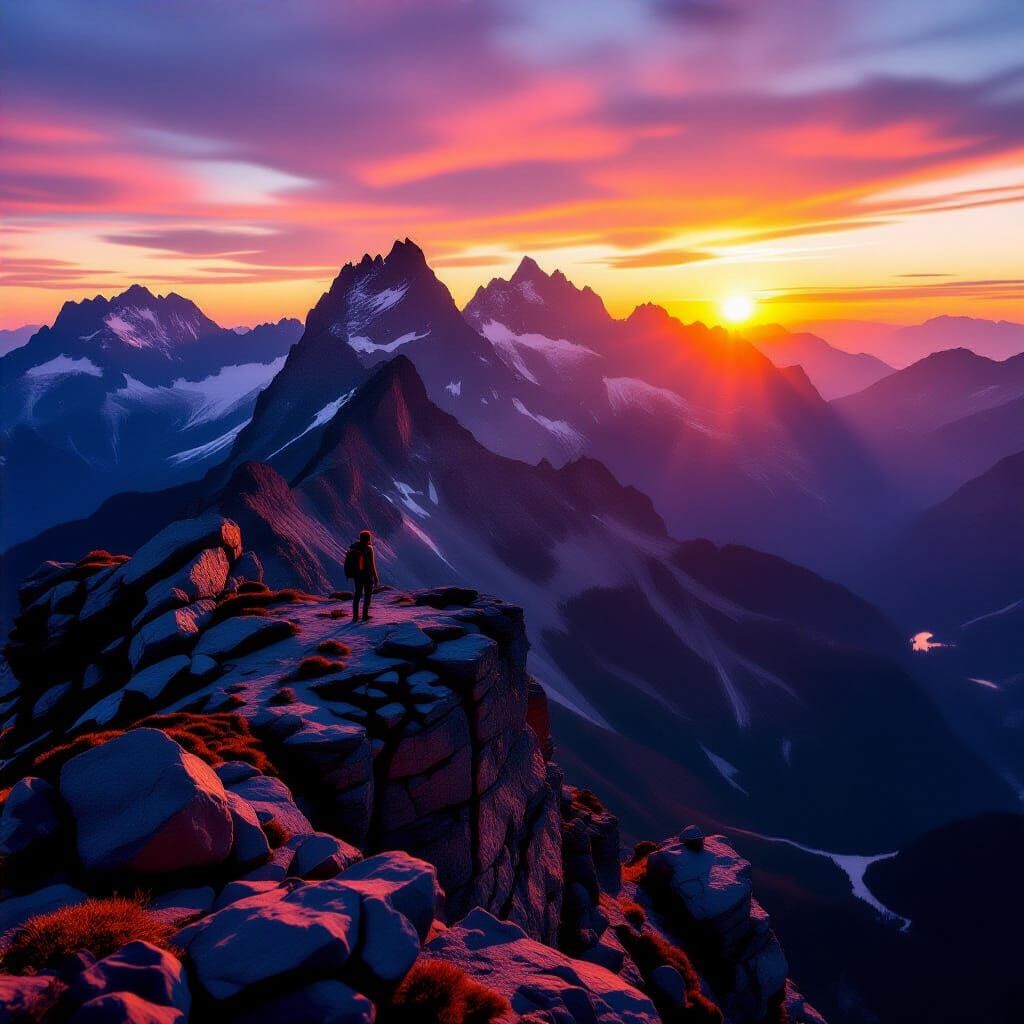 A breathtaking shot of a rugged mountain range at sunset. The sky is painted in deep oranges, pinks, and purples, with the sun dipping below...