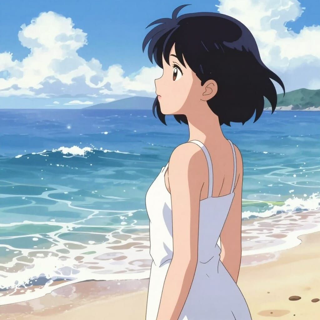 Ethereal Anime Woman on Sun-Drenched Beach