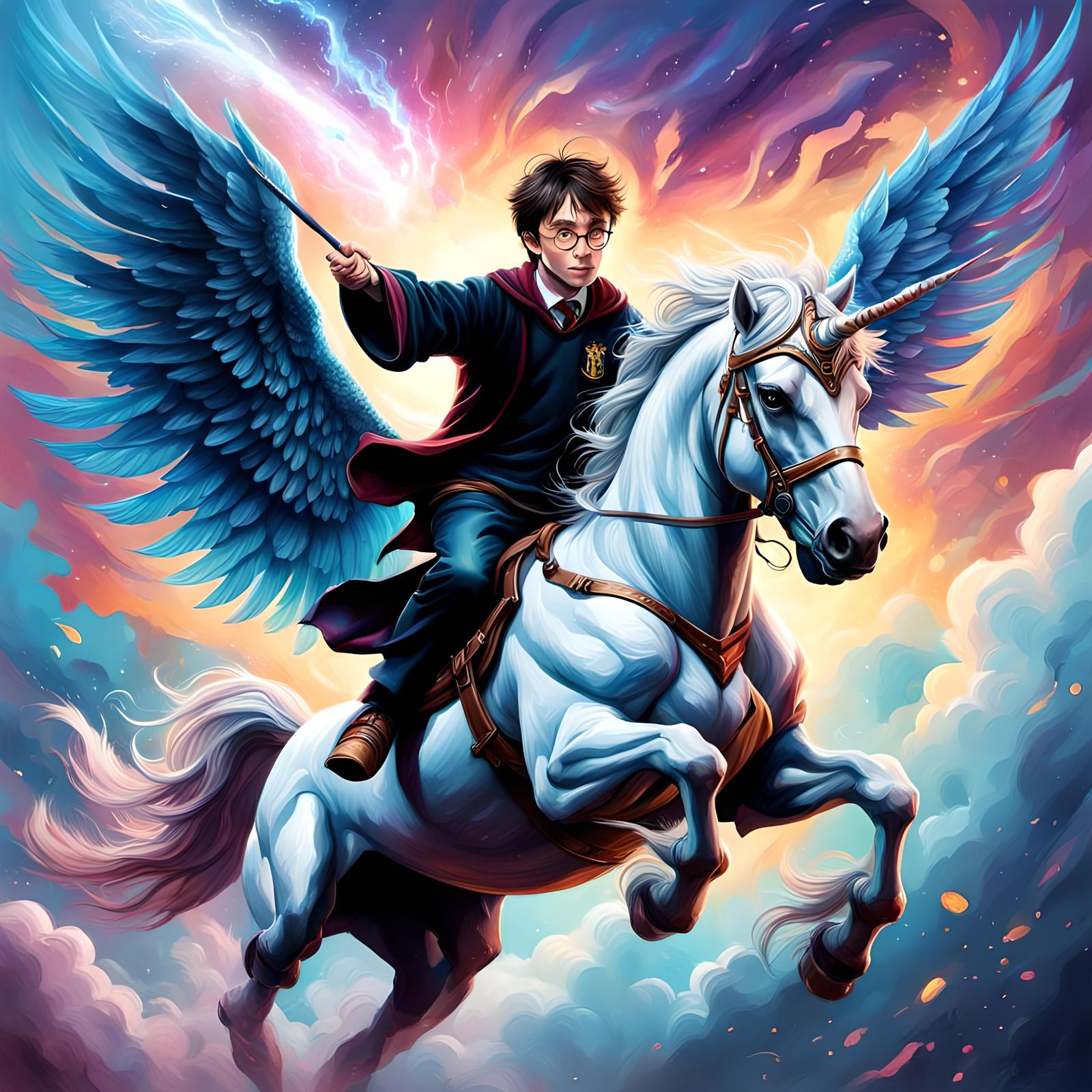 Harry Potter and his magical flying unicorn.