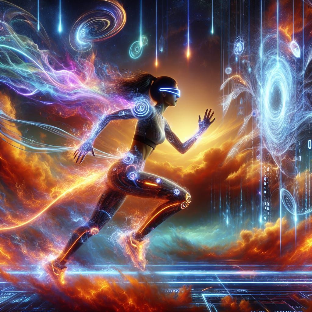 A powerful young woman running through a cyber-fantasy world, surrounded by neon flames and digital energy. Behind her, a vortex of swirling...