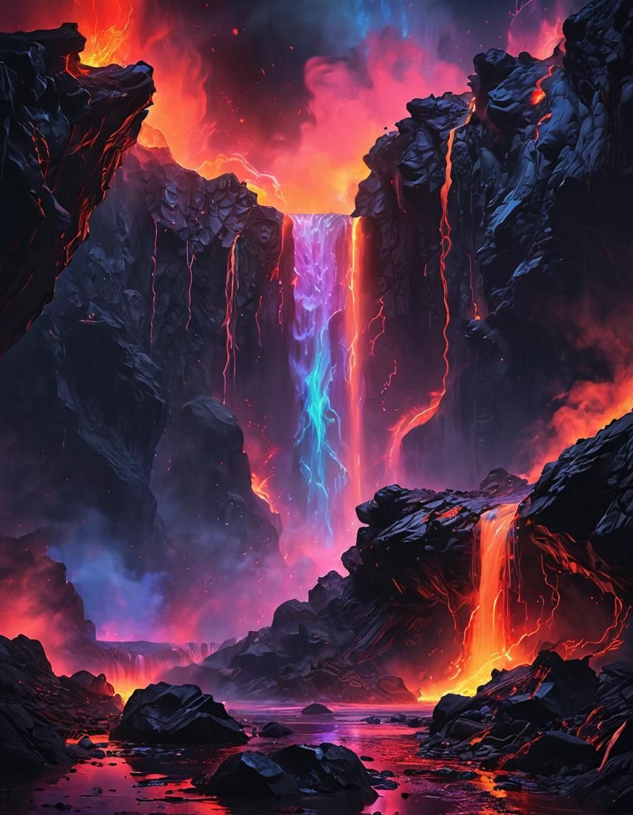 (UV Neon Colours), Oil, misty waterfall with flowing lava magma, lightning (Metallic Nebula Sky:1.1)