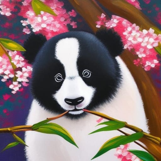 cute little panda caught in an overflow of cherry blossoms. - AI ...